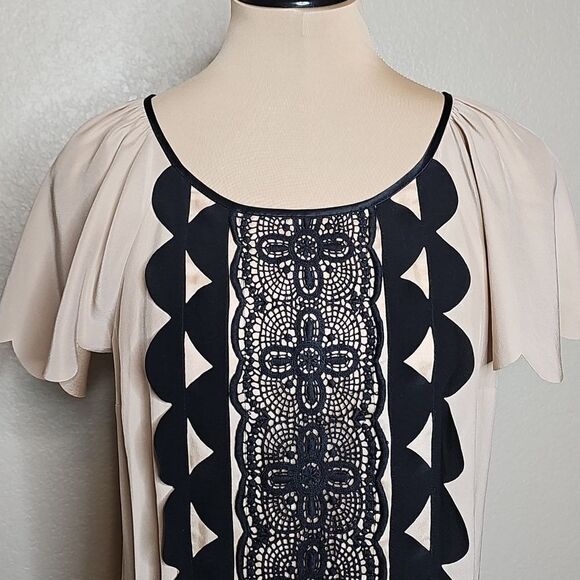 Frock By Tracy Reese Small 100% Silk Beige and Black Scalloped Trim  Dress - Picture 2 of 8